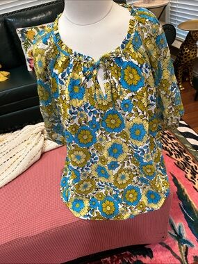 Boho Floral Peasant Top - Blue & Olive